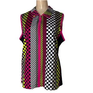 KINONA Women's Sleeveless Golf Shirt Size XL colorful checkered print